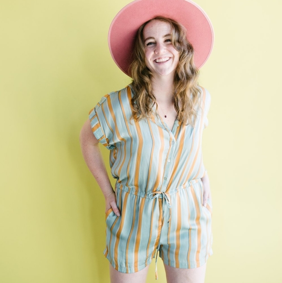 Grade & Gather Pants - AQUA STRIPED SATIN ROMPER